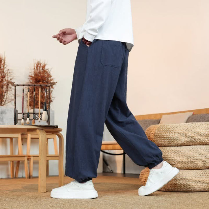 Buddha Stones Fall Casual Minimalist Drawstring Solid Cotton Ankle Pants Men's Straight Leg Pants With Pockets - image 32