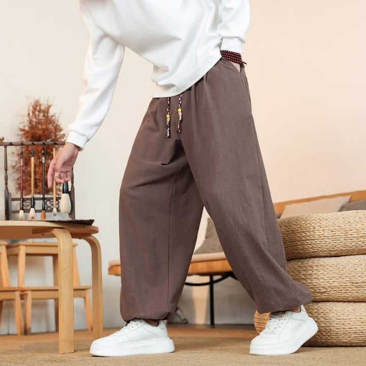 Buddha Stones Fall Casual Minimalist Drawstring Solid Cotton Ankle Pants Men's Straight Leg Pants With Pockets - image 41