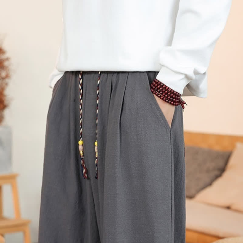 Buddha Stones Fall Casual Minimalist Drawstring Solid Cotton Ankle Pants Men's Straight Leg Pants With Pockets - image 10