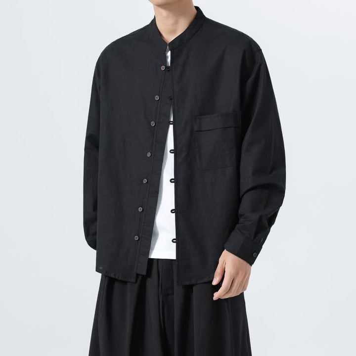 Buddha Stones Fall Casual Tang Style Mandarin Collar Solid Cotton Men's Long Sleeve Shirts - image 11
