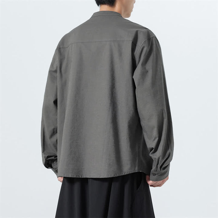 Buddha Stones Fall Casual Tang Style Mandarin Collar Solid Cotton Men's Long Sleeve Shirts - image 23