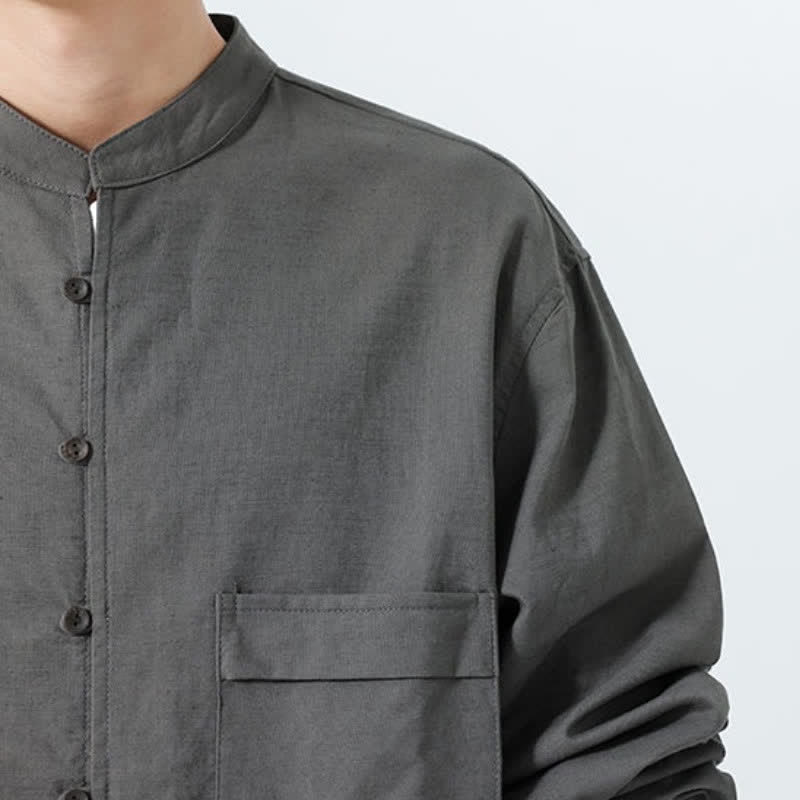 Buddha Stones Fall Casual Tang Style Mandarin Collar Solid Cotton Men's Long Sleeve Shirts - image 30