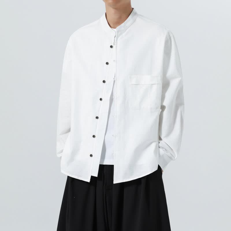 Buddha Stones Fall Casual Tang Style Mandarin Collar Solid Cotton Men's Long Sleeve Shirts - image 41