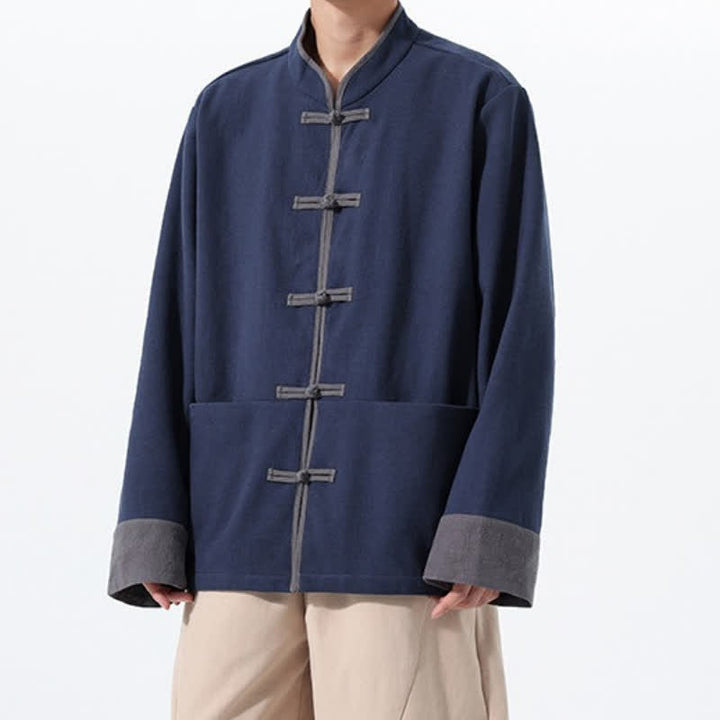 Buddha Stones Fall Winter Tang Style Vintage Frog Button Solid Cotton Men's Jacket With Pockets - image 2