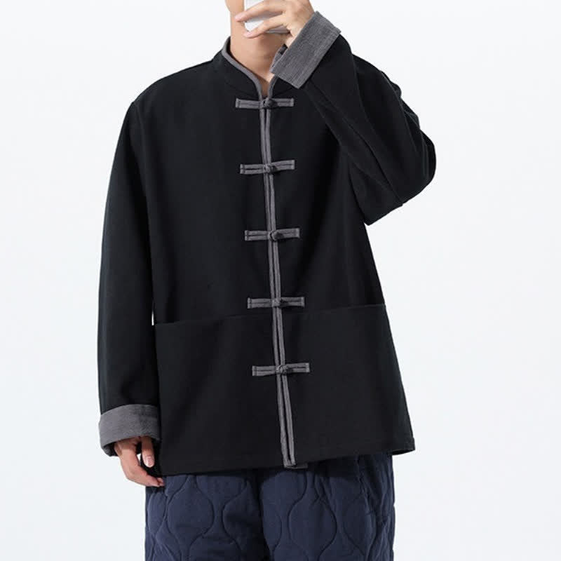 Buddha Stones Fall Winter Tang Style Vintage Frog Button Solid Cotton Men's Jacket With Pockets - image 8