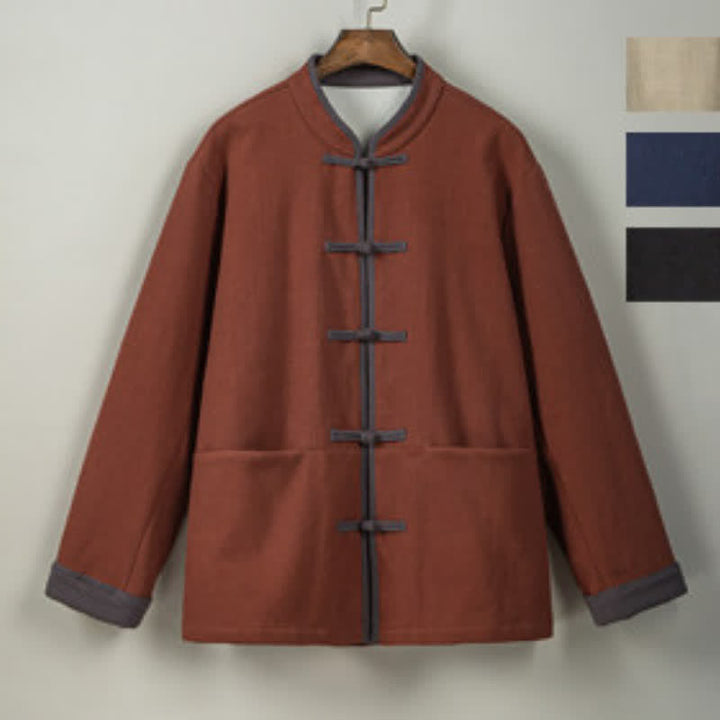 Buddha Stones Fall Winter Tang Style Vintage Frog Button Solid Cotton Men's Jacket With Pockets - image 17