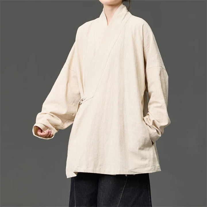 Buddha Stones Fall Winter Tang Style Minimalist Drawstring Solid Cotton Men's Kimono With Pockets - image 17