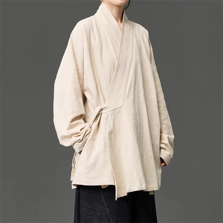 Buddha Stones Fall Winter Tang Style Minimalist Drawstring Solid Cotton Men's Kimono With Pockets - image 15