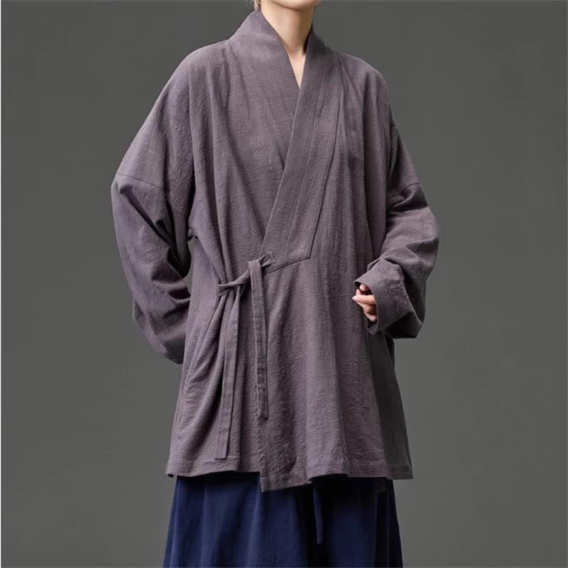 Buddha Stones Fall Winter Tang Style Minimalist Drawstring Solid Cotton Men's Kimono With Pockets - image 23