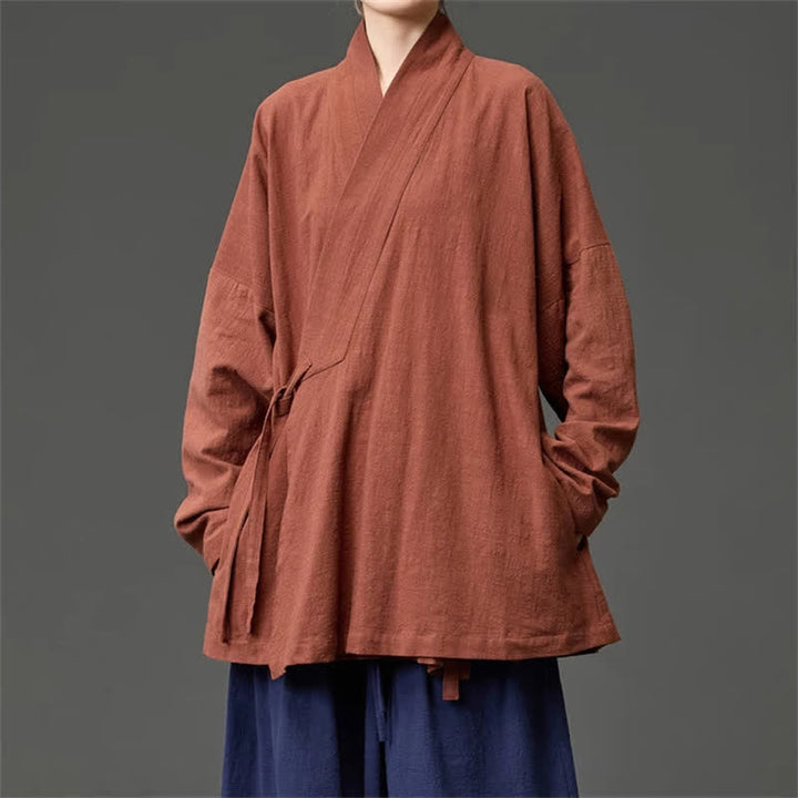 Buddha Stones Fall Winter Tang Style Minimalist Drawstring Solid Cotton Men's Kimono With Pockets - image 2