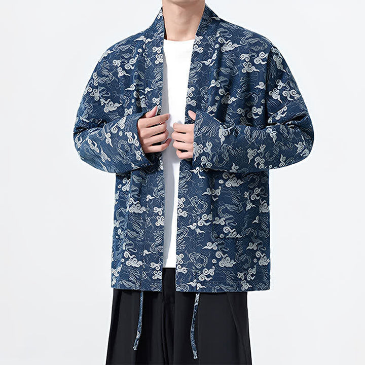 Buddha Stones Spring Fall Casual Drawstring Abstract Clouds Cotton Men's Kimono - image 2