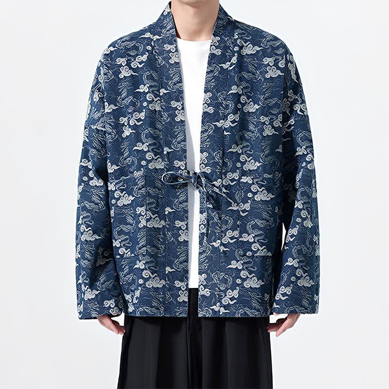 Buddha Stones Spring Fall Casual Drawstring Abstract Clouds Cotton Men's Kimono - image 3