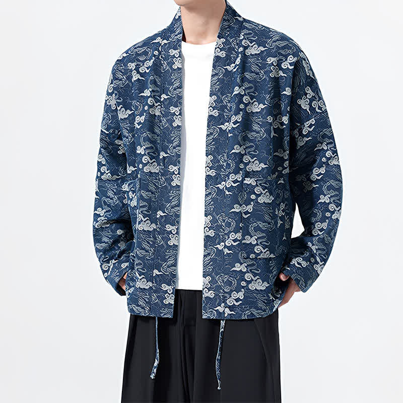 Buddha Stones Spring Fall Casual Drawstring Abstract Clouds Cotton Men's Kimono - image 7