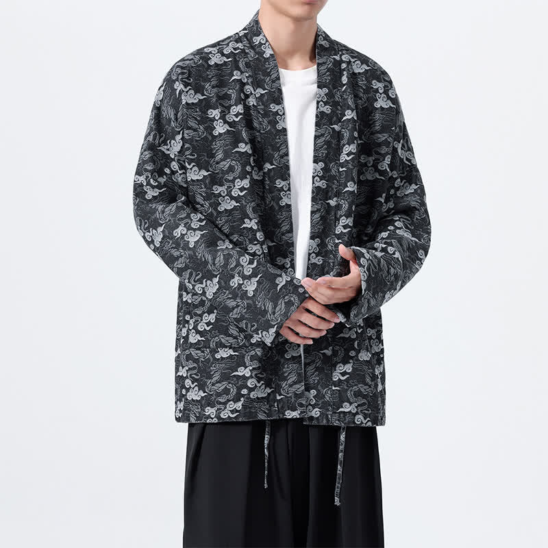 Buddha Stones Spring Fall Casual Drawstring Abstract Clouds Cotton Men's Kimono - image 14