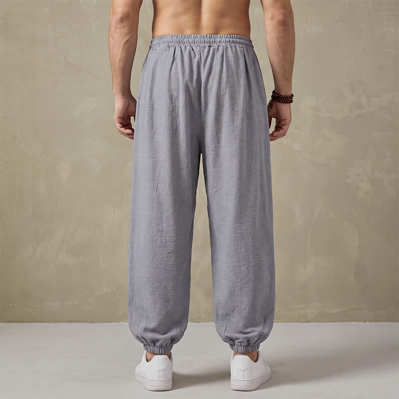 Buddha Stones Spring Basic Retro Drawstring Solid Long Pants Men's Harem Pants With Pockets - image 12