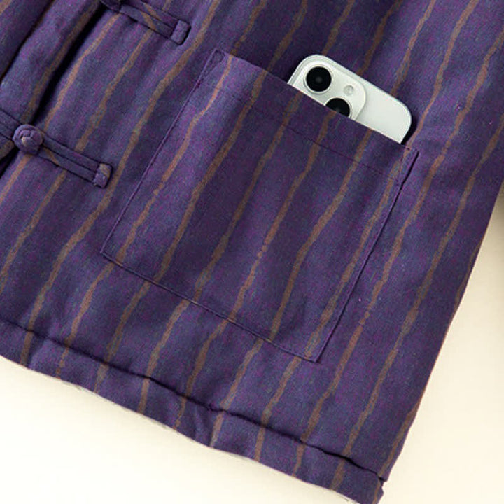 Buddha Stones Winter Casual Tang Style Frog Button Purple Striped Women's Jacket With Pockets - image 8