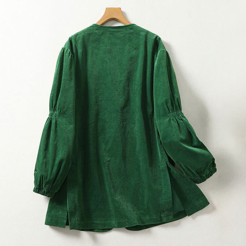 Buddha Stones Fall Winter Casual Vintage Drawstring Solid Green Corduroy V-Neck Women's Jacket With Pockets - image 1
