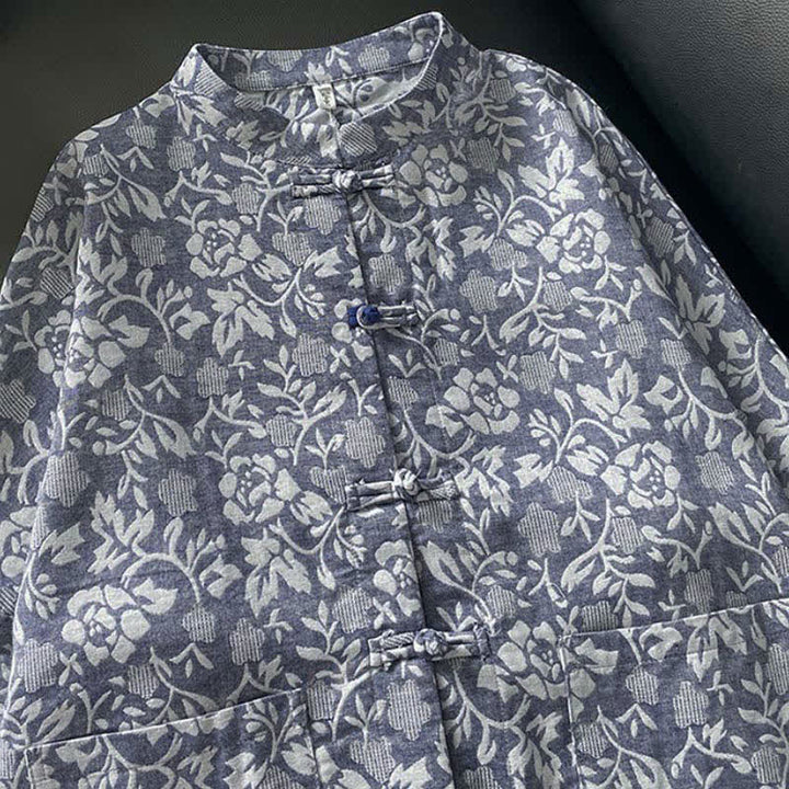 Buddha Stones Fall Tang Style Vintage Frog Button Floral Women's Long Sleeve Shirts With Pockets - image 2