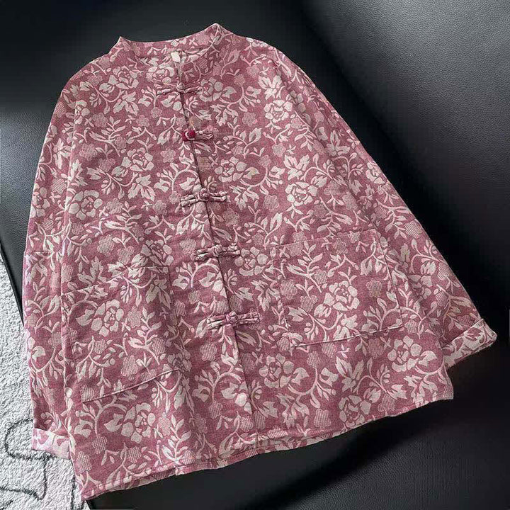 Buddha Stones Fall Tang Style Vintage Frog Button Floral Women's Long Sleeve Shirts With Pockets - PaleVioletRed - US8-10, UK/AU12-14, EU40-42 (2XL) - image 6