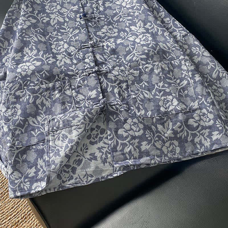 Buddha Stones Fall Tang Style Vintage Frog Button Floral Women's Long Sleeve Shirts With Pockets - image 3