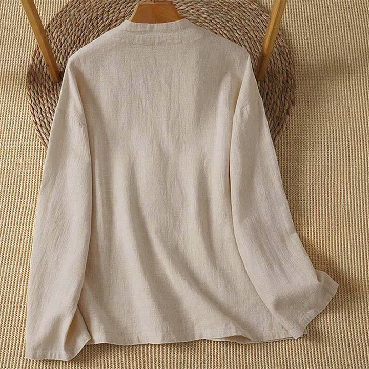 Buddha Stones Fall Casual Vintage Tang Style Button-Up Solid Women's Long Sleeve Shirts With Pockets - image 1