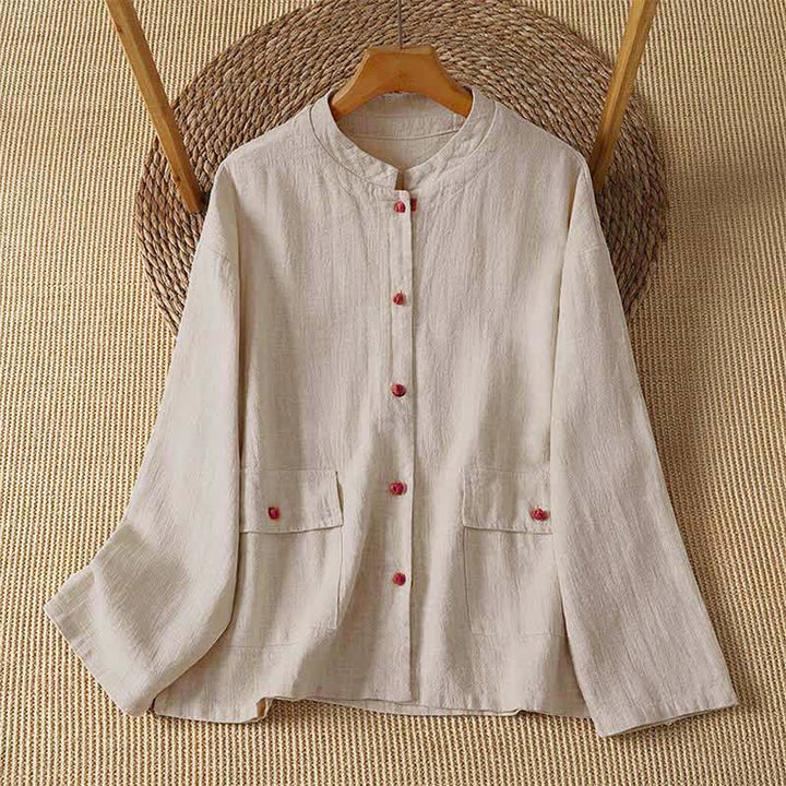 Buddha Stones Fall Casual Vintage Tang Style Button-Up Solid Women's Long Sleeve Shirts With Pockets - Beige - US8-10, UK/AU12-14, EU40-42 (2XL) - image 0