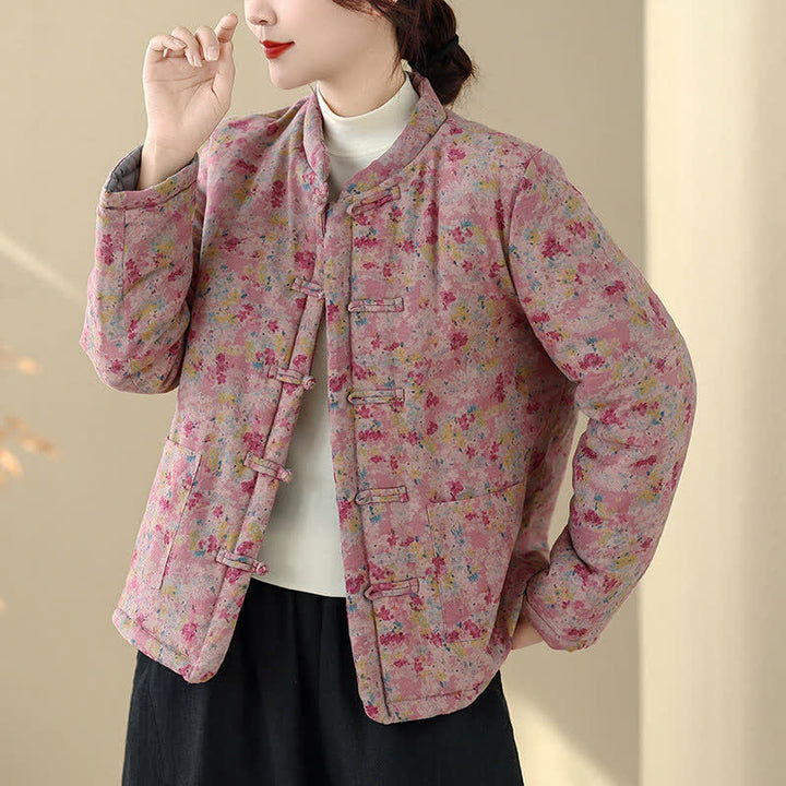 Buddha Stones Winter Vintage Tang Style Frog Button Pink Floral Women's Jacket With Pockets - image 3