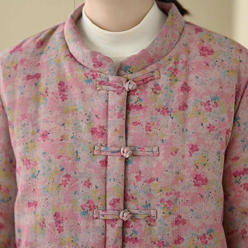 Buddha Stones Winter Vintage Tang Style Frog Button Pink Floral Women's Jacket With Pockets - image 12