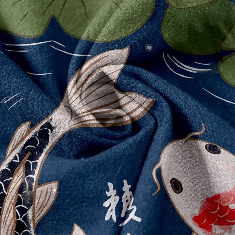 Buddha Stones Pure Cotton Japanese Koi Lotus Pattern Women's Elastic Waist Pants With Pockets - image 3