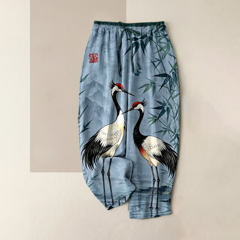 Buddha Stones Pure Cotton Oriental Crane and Bamboo Pattern Women's Elastic Waist Pants With Pockets - LightBlue - US16，UK/AU20，EU48 (3XL) - image 3