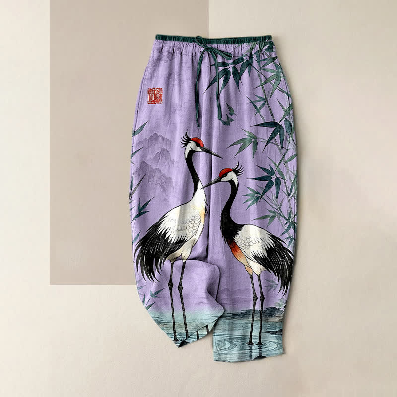 Buddha Stones Pure Cotton Oriental Crane and Bamboo Pattern Women's Elastic Waist Pants With Pockets - MediumPurple - US16，UK/AU20，EU48 (3XL) - image 4