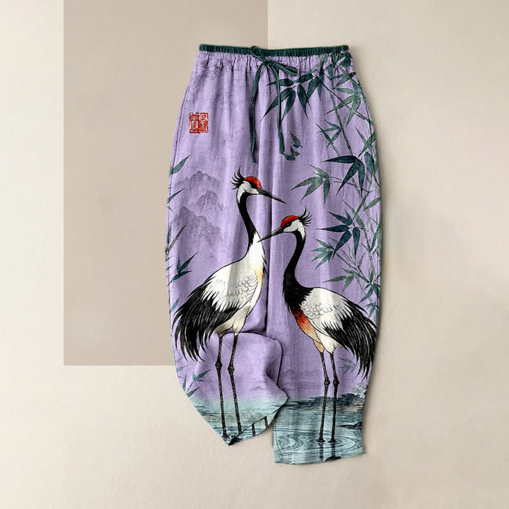 Buddha Stones Pure Cotton Oriental Crane and Bamboo Pattern Women's Elastic Waist Pants With Pockets - MediumPurple - US16，UK/AU20，EU48 (3XL) - image 4