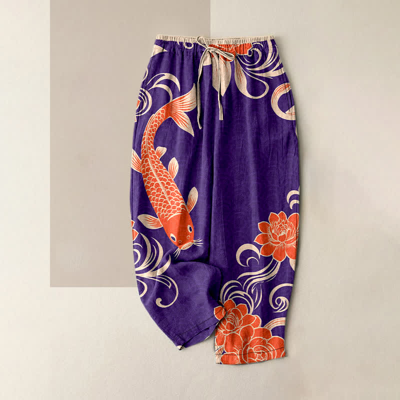 Buddha Stones Pure Cotton Artistic Koi Wave Pattern Women's Elastic Waist Pants With Pockets - Indigo - US16，UK/AU20，EU48 (3XL) - image 5