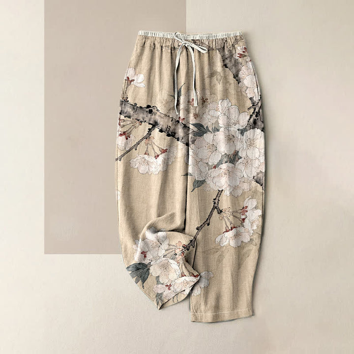 Buddha Stones Pure Cotton Elegant Floral Branch Pattern Women's Elastic Waist Pants With Pockets - Beige - US16，UK/AU20，EU48 (3XL) - image 4