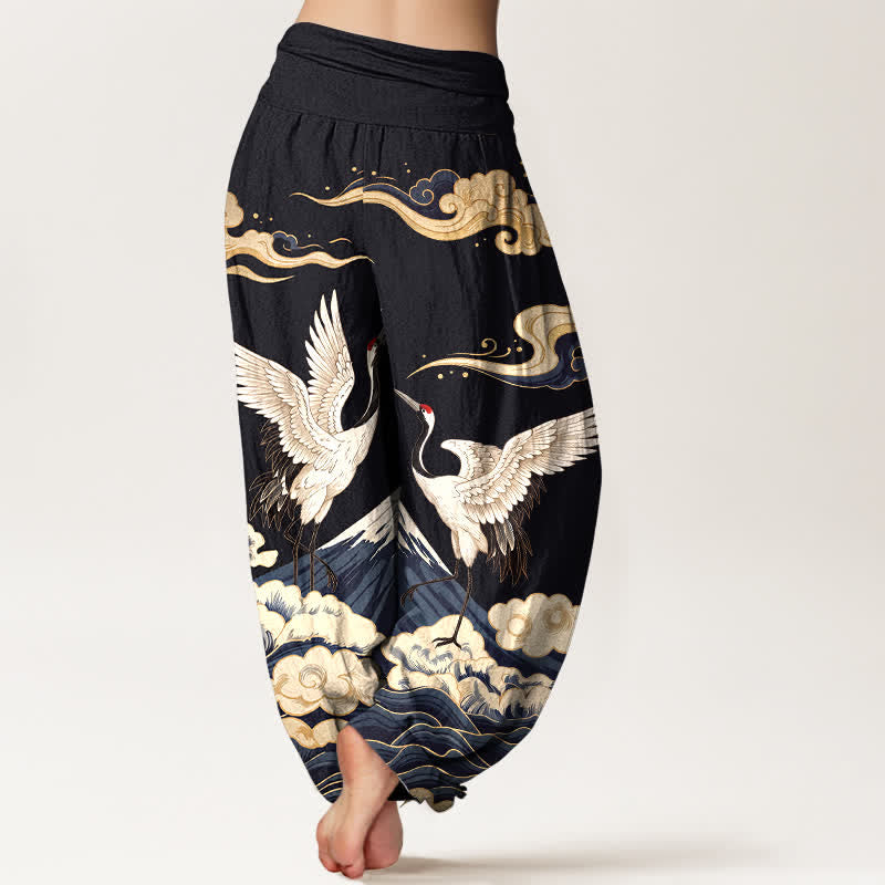 Buddha Stones Cotton Crane Mountain Cloud Pattern Women's Elastic Waist Harem Pants - image 2