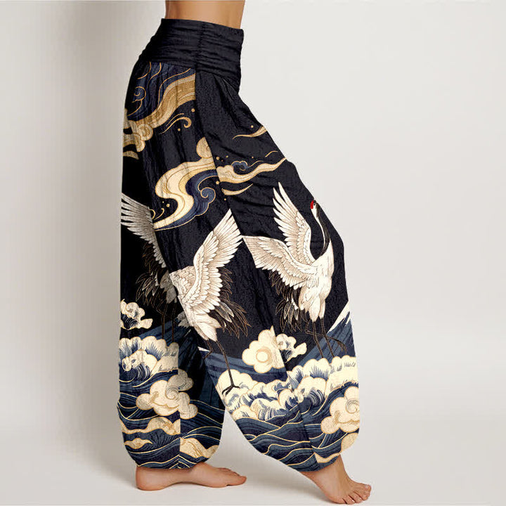 Buddha Stones Cotton Crane Mountain Cloud Pattern Women's Elastic Waist Harem Pants - image 1