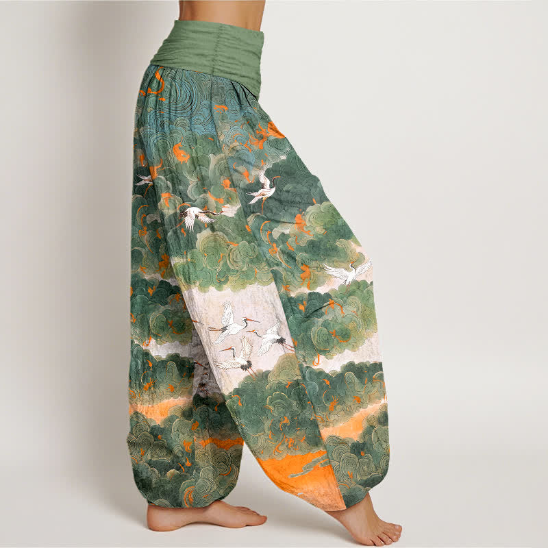 Buddha Stones Cotton Crane Cloud Pattern Women's Elastic Waist Harem Pants - image 1