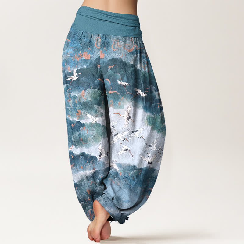 Buddha Stones Cotton Crane Cloud Pattern Women's Elastic Waist Harem Pants - image 10