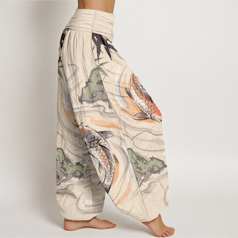 Buddha Stones Cotton Koi Fish Rock Wave Pattern Women's Elastic Waist Harem Pants - image 6