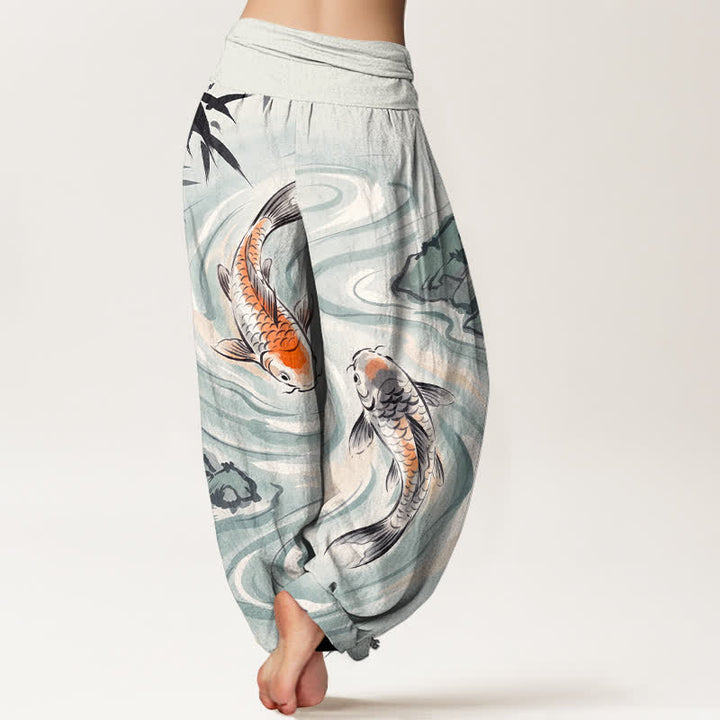 Buddha Stones Cotton Koi Fish Rock Wave Pattern Women's Elastic Waist Harem Pants - image 10