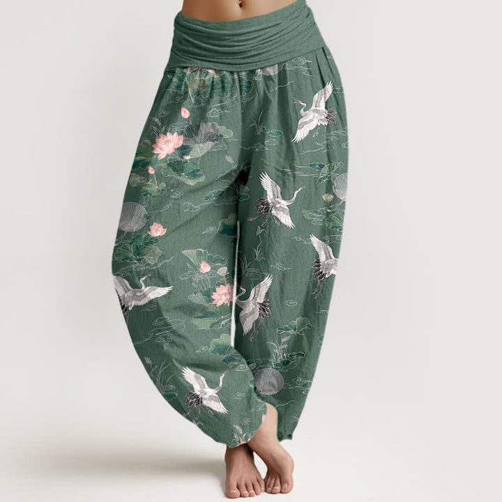 Buddha Stones Cotton Elegant Crane Lotus Pattern Women's Elastic Waist Harem Pants - MediumSeaGreen - US16，UK/AU20，EU48 (3XL) - image 0