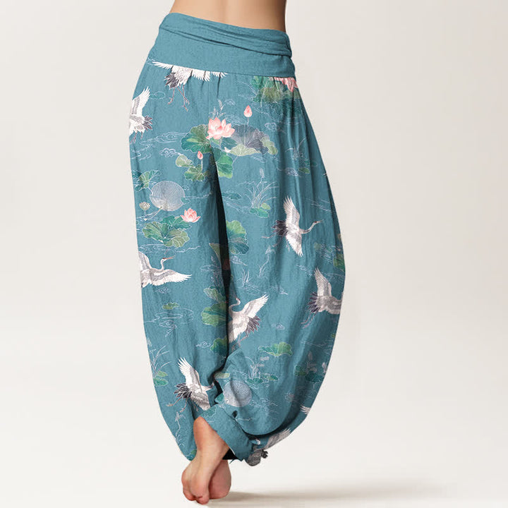 Buddha Stones Cotton Elegant Crane Lotus Pattern Women's Elastic Waist Harem Pants - image 10