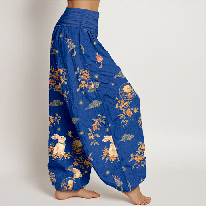 Buddha Stones Cotton Moon Rabbit Floral Pattern Women's Elastic Waist Harem Pants - image 1