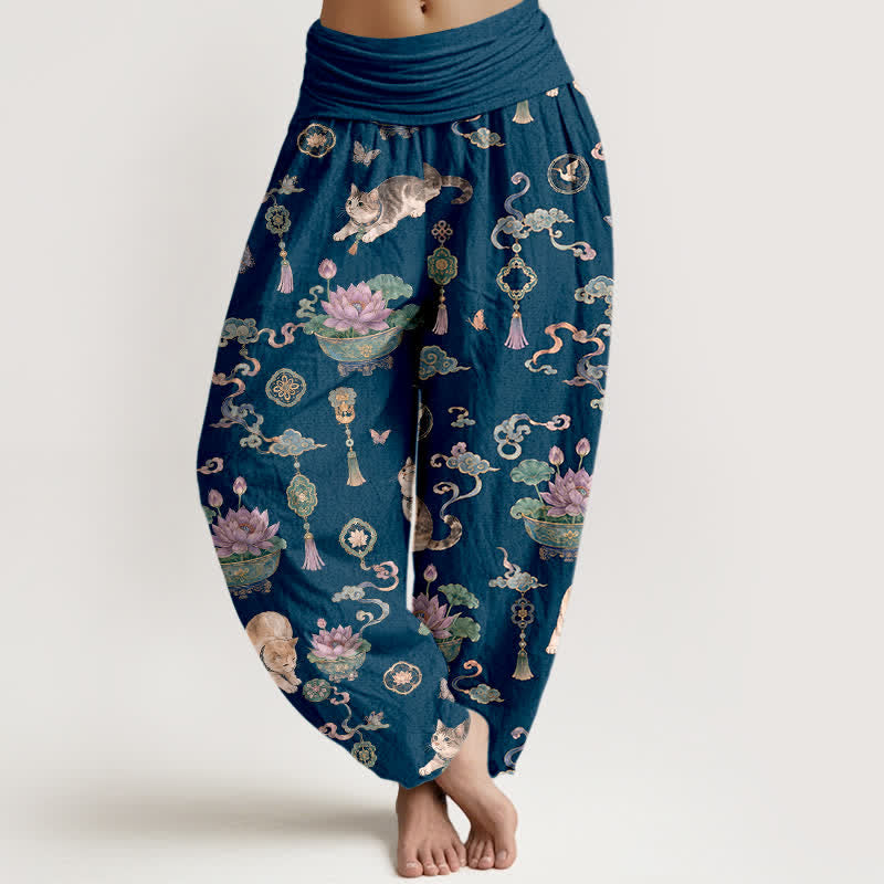 Buddha Stones Cotton Lotus Cat Tassel Pattern Women's Elastic Waist Harem Pants - Navy - US16，UK/AU20，EU48 (3XL) - image 0