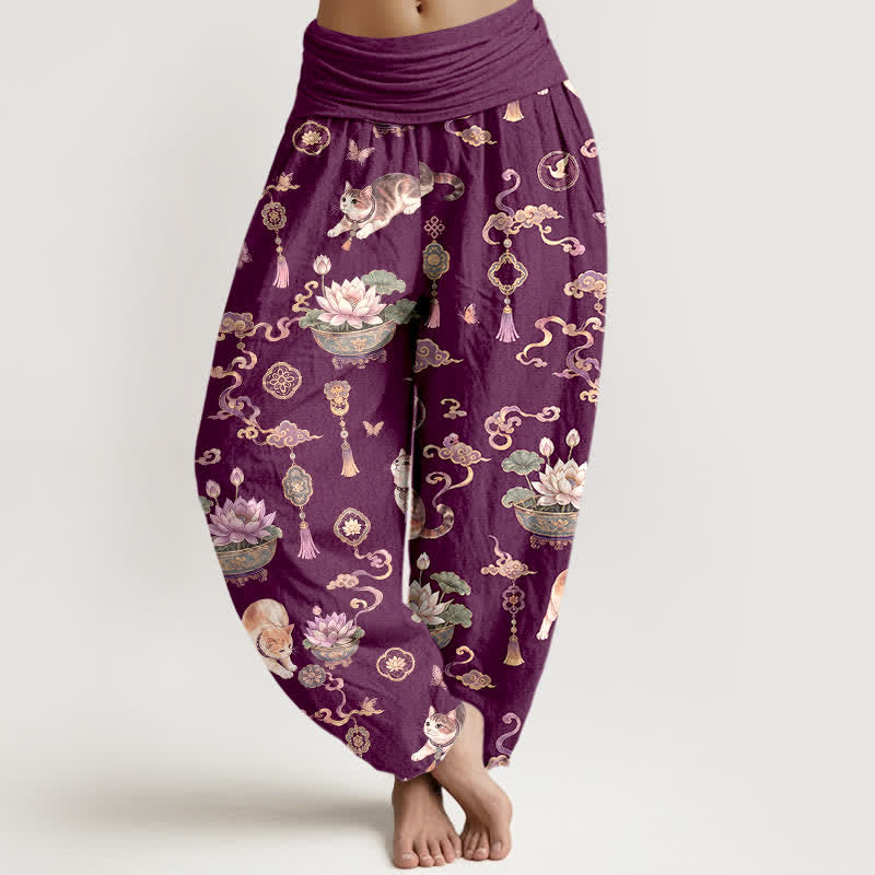 Buddha Stones Cotton Lotus Cat Tassel Pattern Women's Elastic Waist Harem Pants - Purple - US16，UK/AU20，EU48 (3XL) - image 5