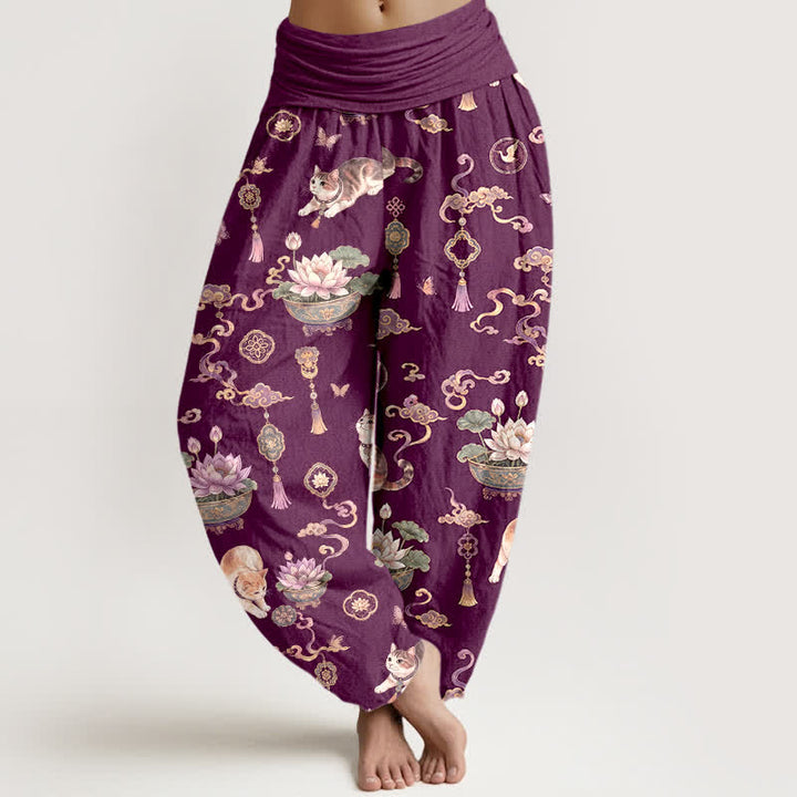 Buddha Stones Cotton Lotus Cat Tassel Pattern Women's Elastic Waist Harem Pants - Purple - US16，UK/AU20，EU48 (3XL) - image 5