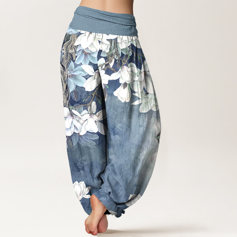 Buddha Stones Cotton White Magnolia Pattern Women's Elastic Waist Harem Pants - image 7