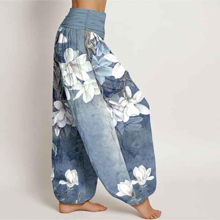 Buddha Stones Cotton White Magnolia Pattern Women's Elastic Waist Harem Pants - image 6