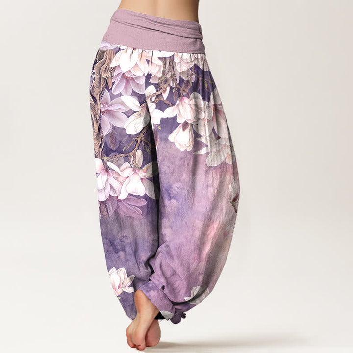 Buddha Stones Cotton White Magnolia Pattern Women's Elastic Waist Harem Pants - image 10