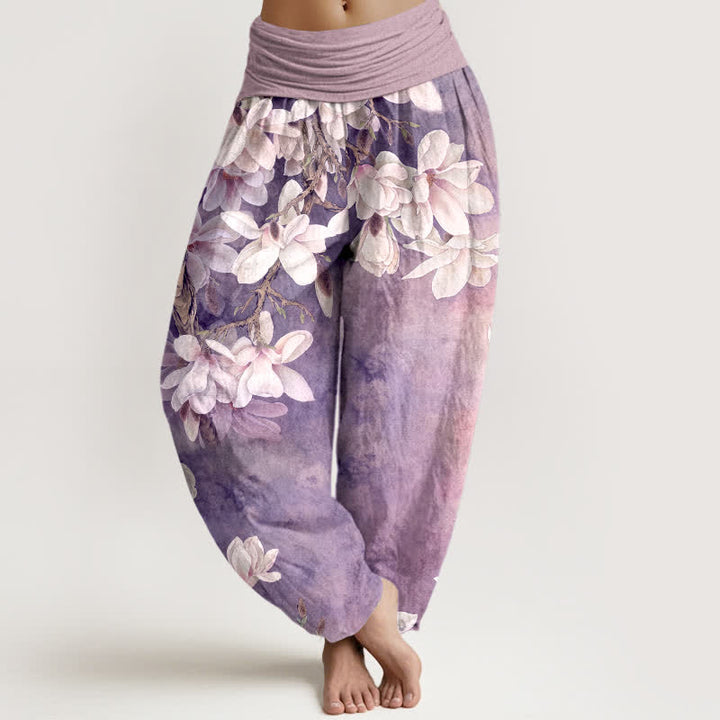 Buddha Stones Cotton White Magnolia Pattern Women's Elastic Waist Harem Pants - Thistle - US16，UK/AU20，EU48 (3XL) - image 8